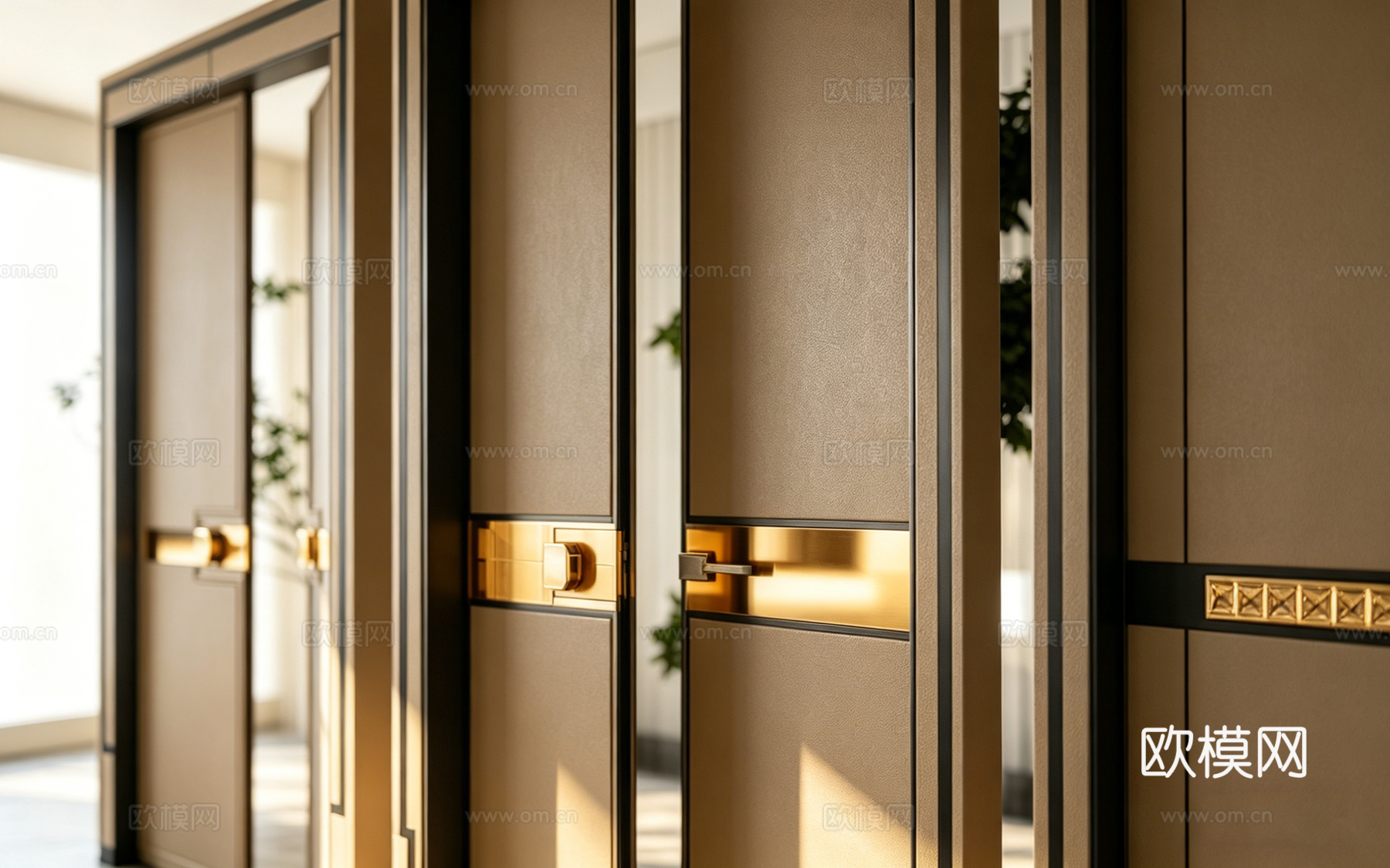 现代轻奢极窄边框室内门 米棕深棕色 带金色装饰条 极窄边框门su模型