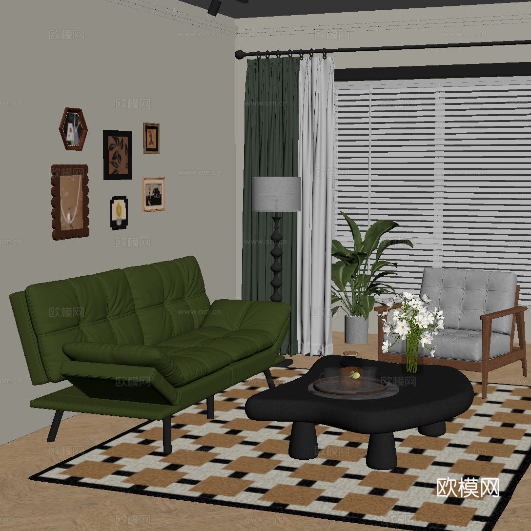 法式复古客厅 三人沙发 休闲椅su模型