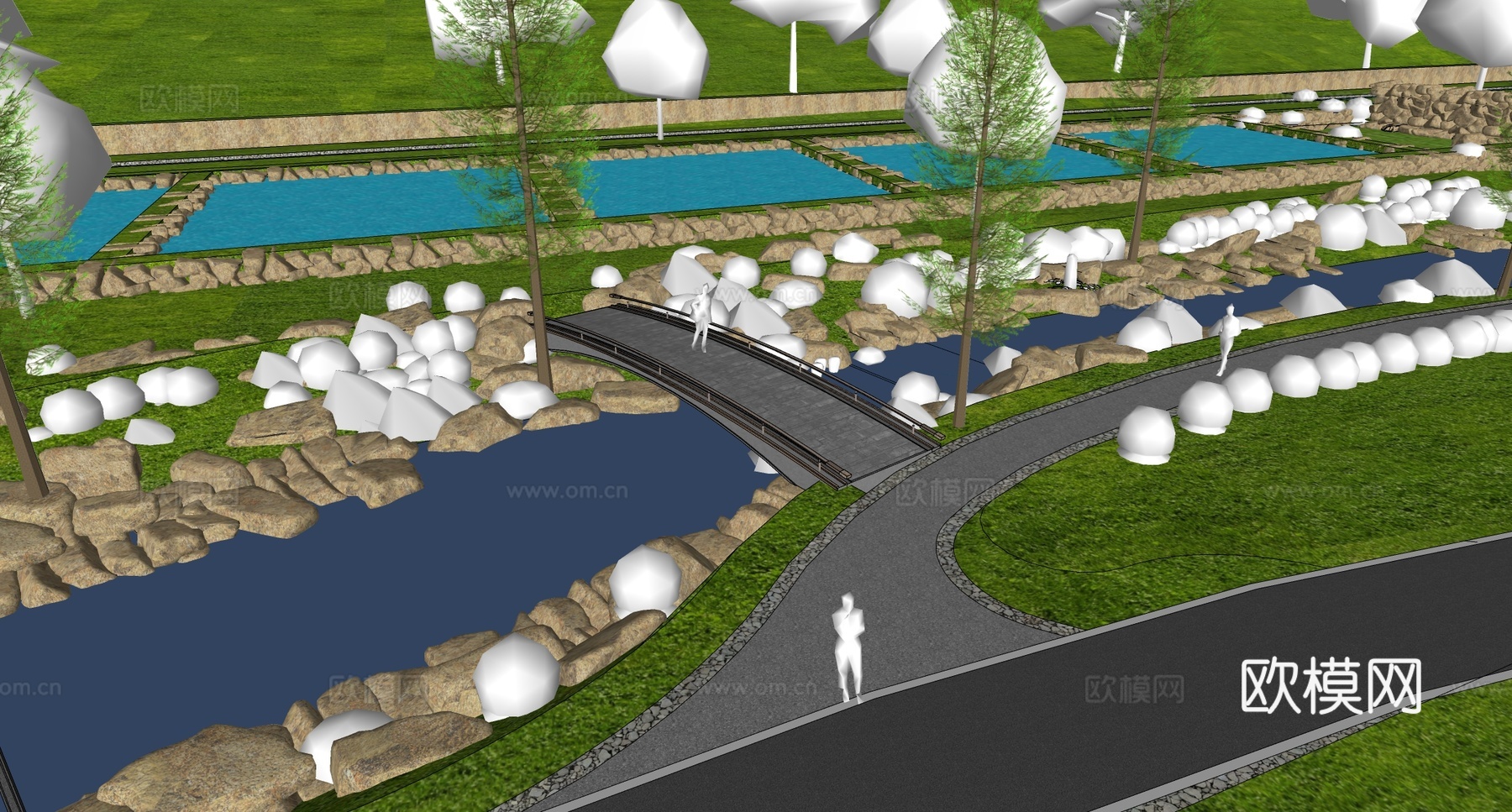 现代新中式滨水景观 自然水溪流 泉水溪流su模型