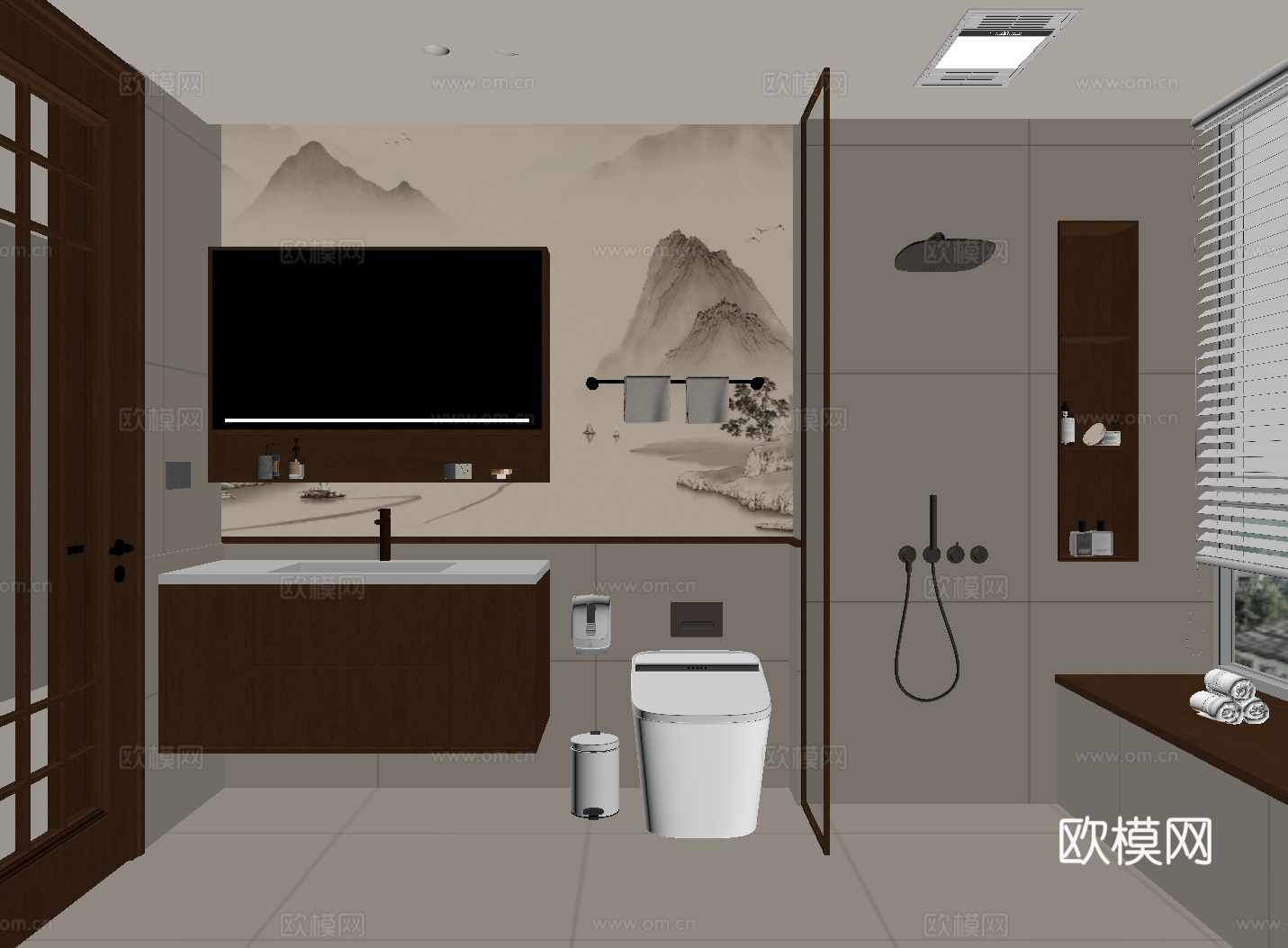 新中式卫生间 浴室柜 花洒淋浴su模型