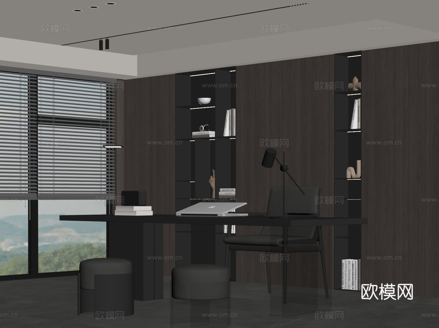 现代意式书房 书桌椅 书柜 置物柜su模型
