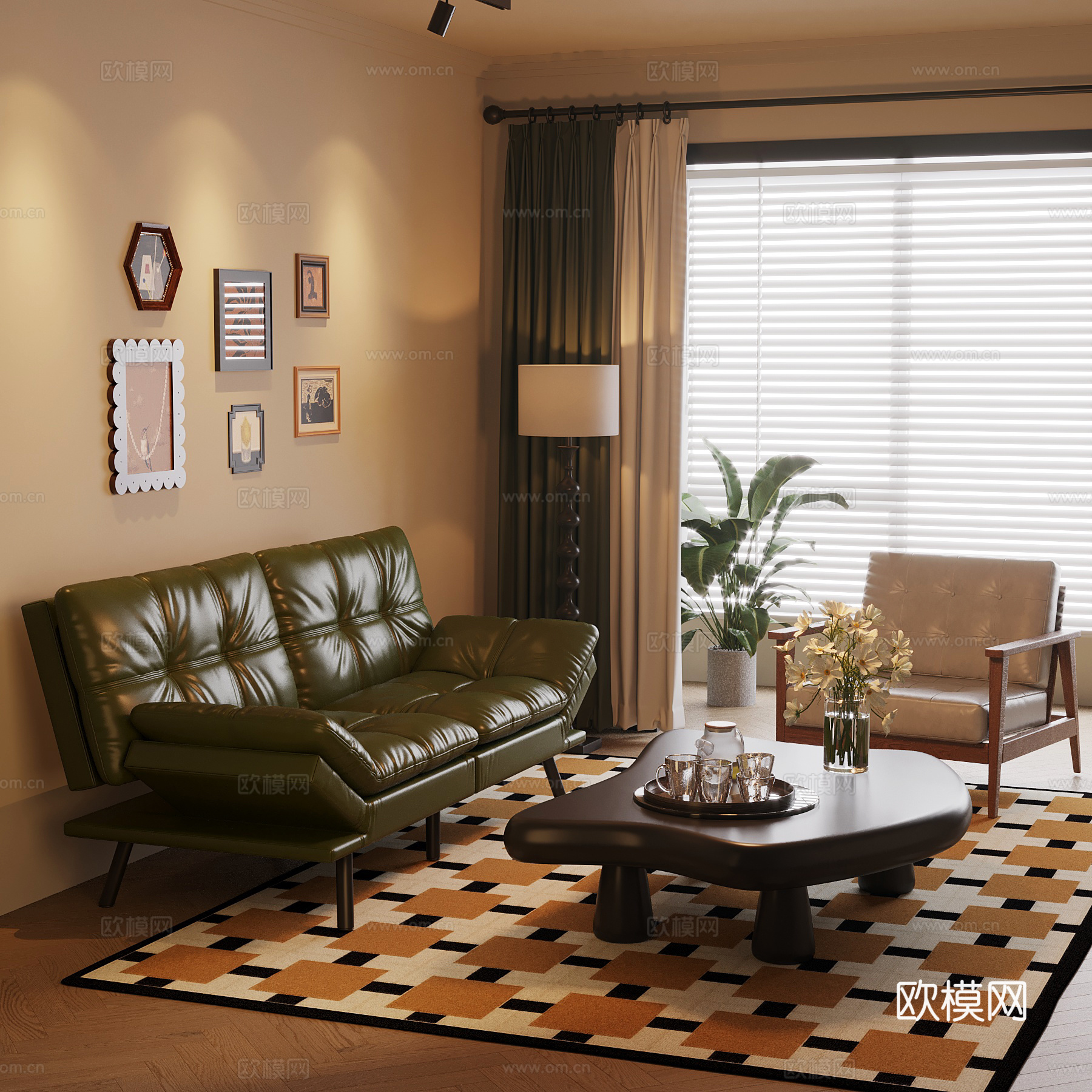 法式复古客厅 三人沙发 休闲椅su模型