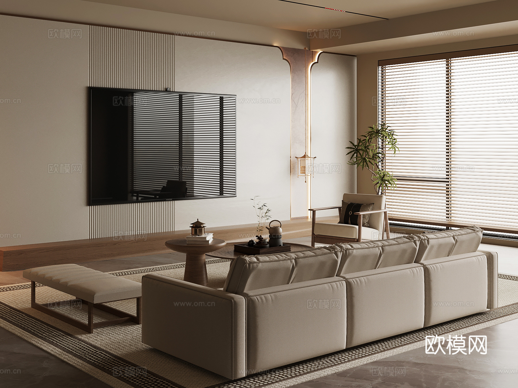 新中式客厅su模型