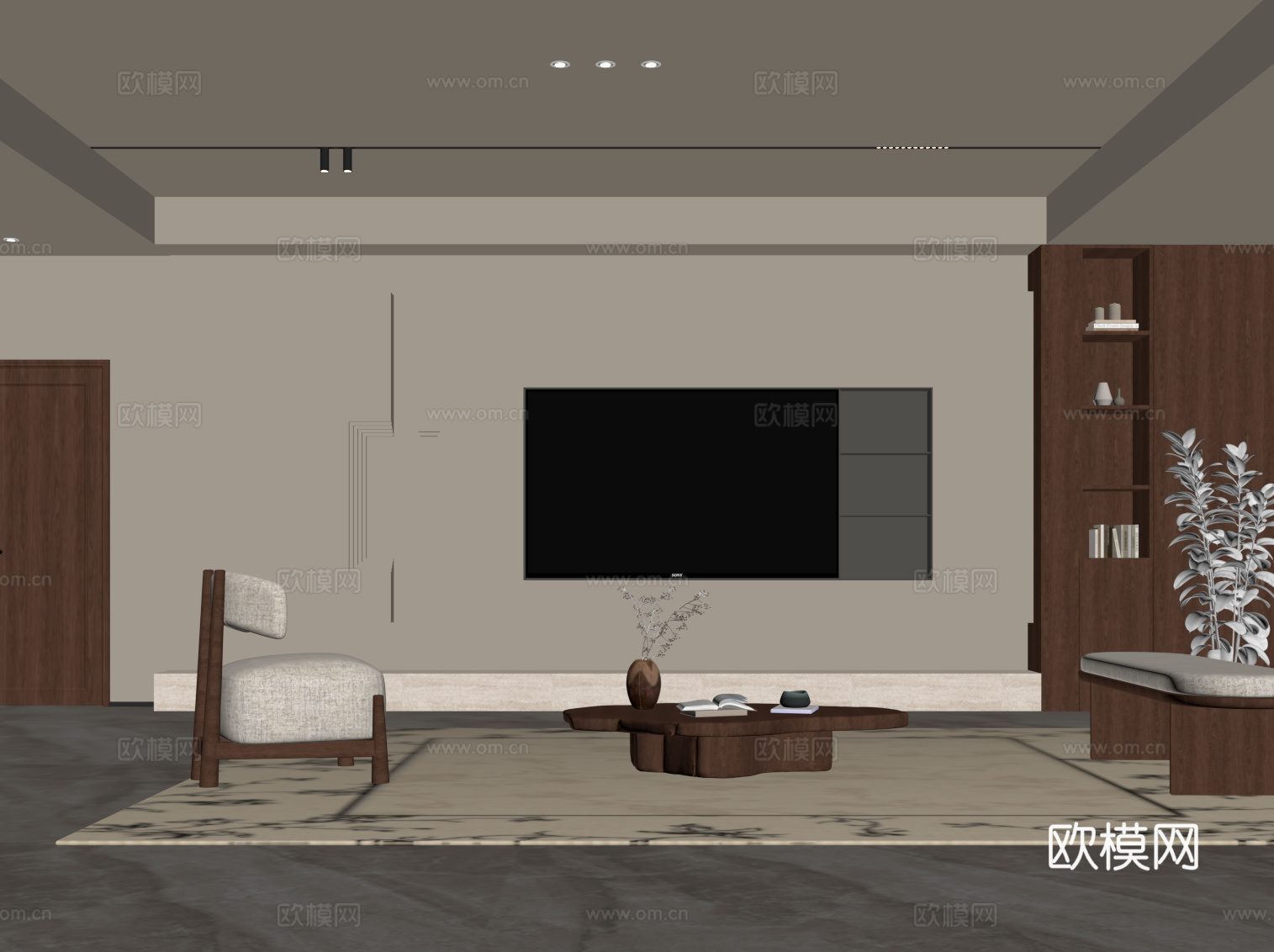 现代中古风客厅 沙发茶几组合 电视背景墙su模型