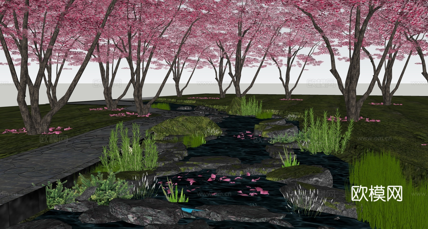 现代滨水公园景观 谷溪流 湿地滩涂 树木景观su模型