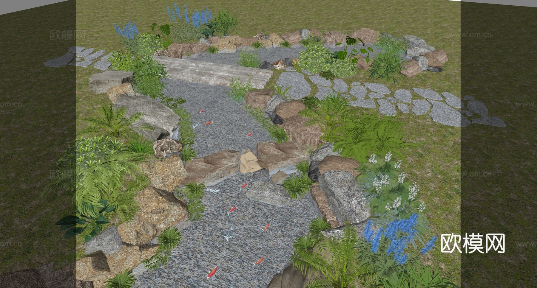 现代新中式溪流 现代溪流自然跌水 自然生态鱼池 自然流水su模型