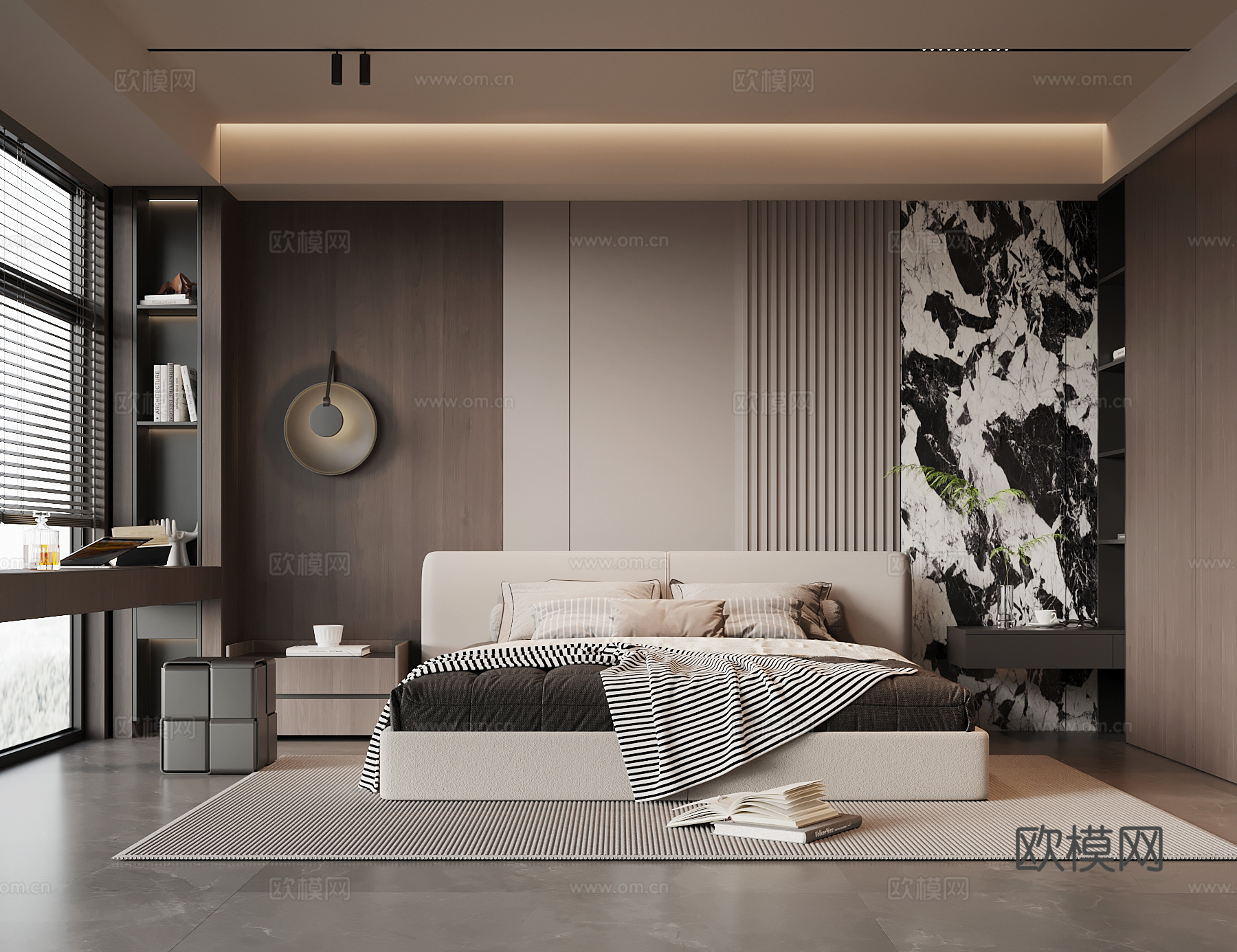 现代意式卧室 双人床 书桌椅 衣柜 床头柜su模型