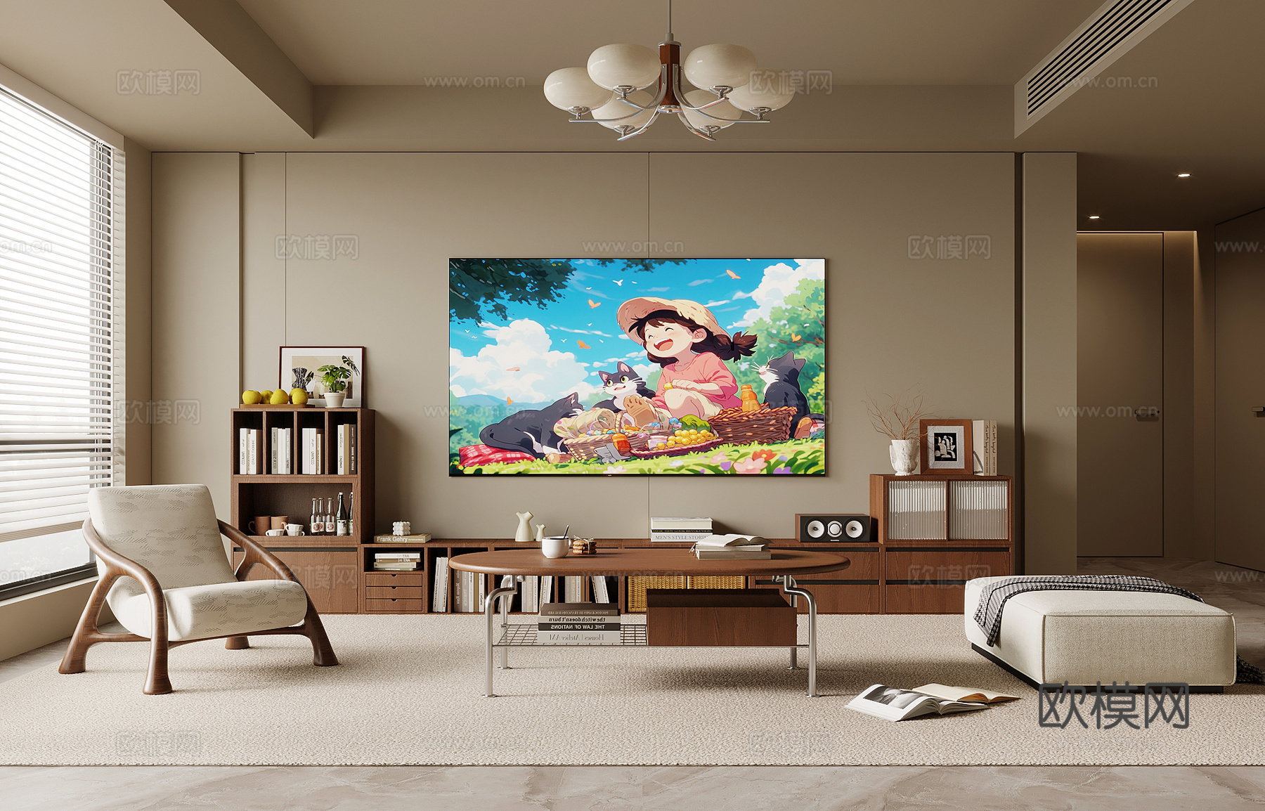 侘寂中古风客厅  电视柜 休闲椅su模型