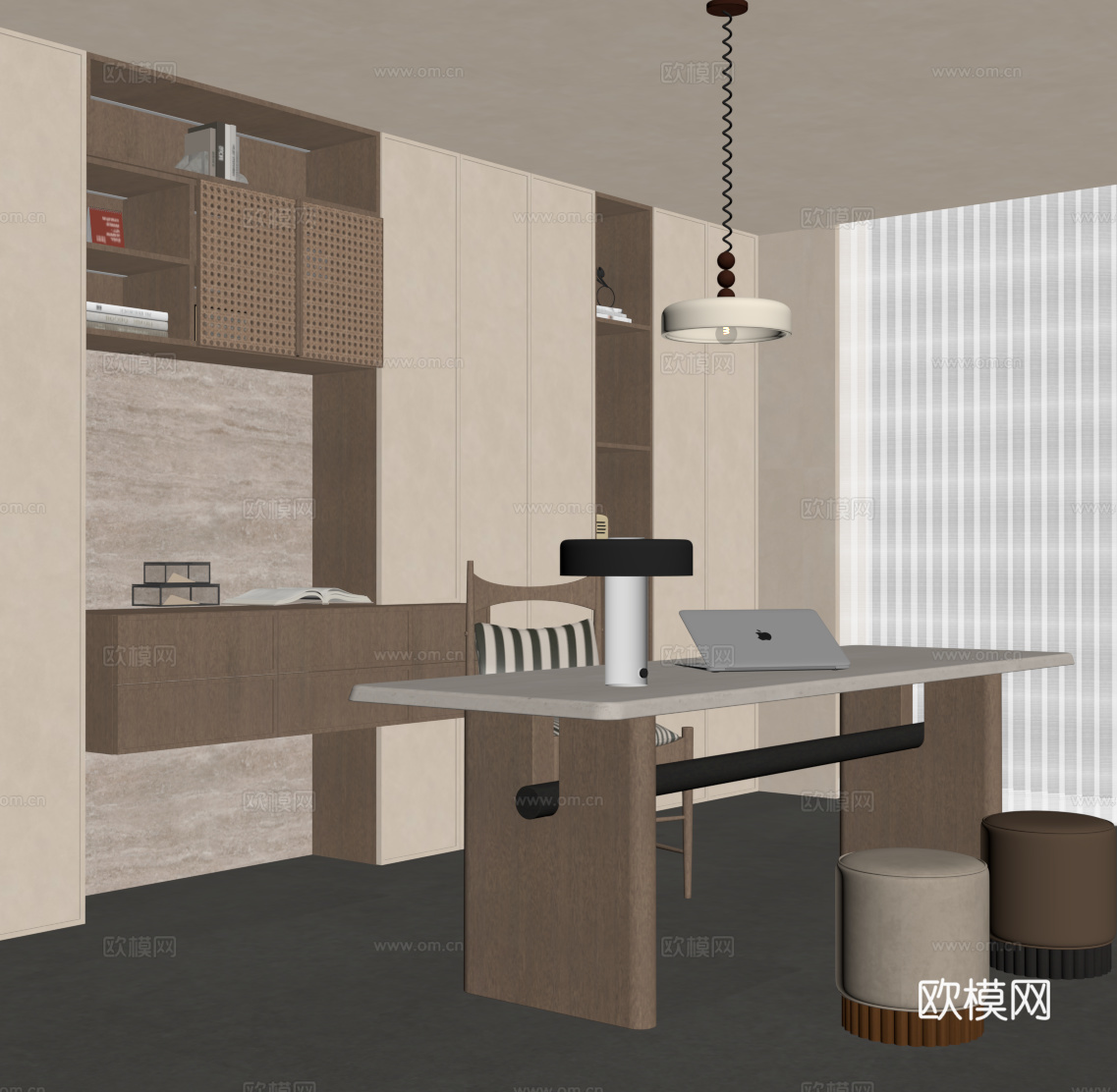 中古风书房 侘寂风书房 书桌椅 书柜su模型