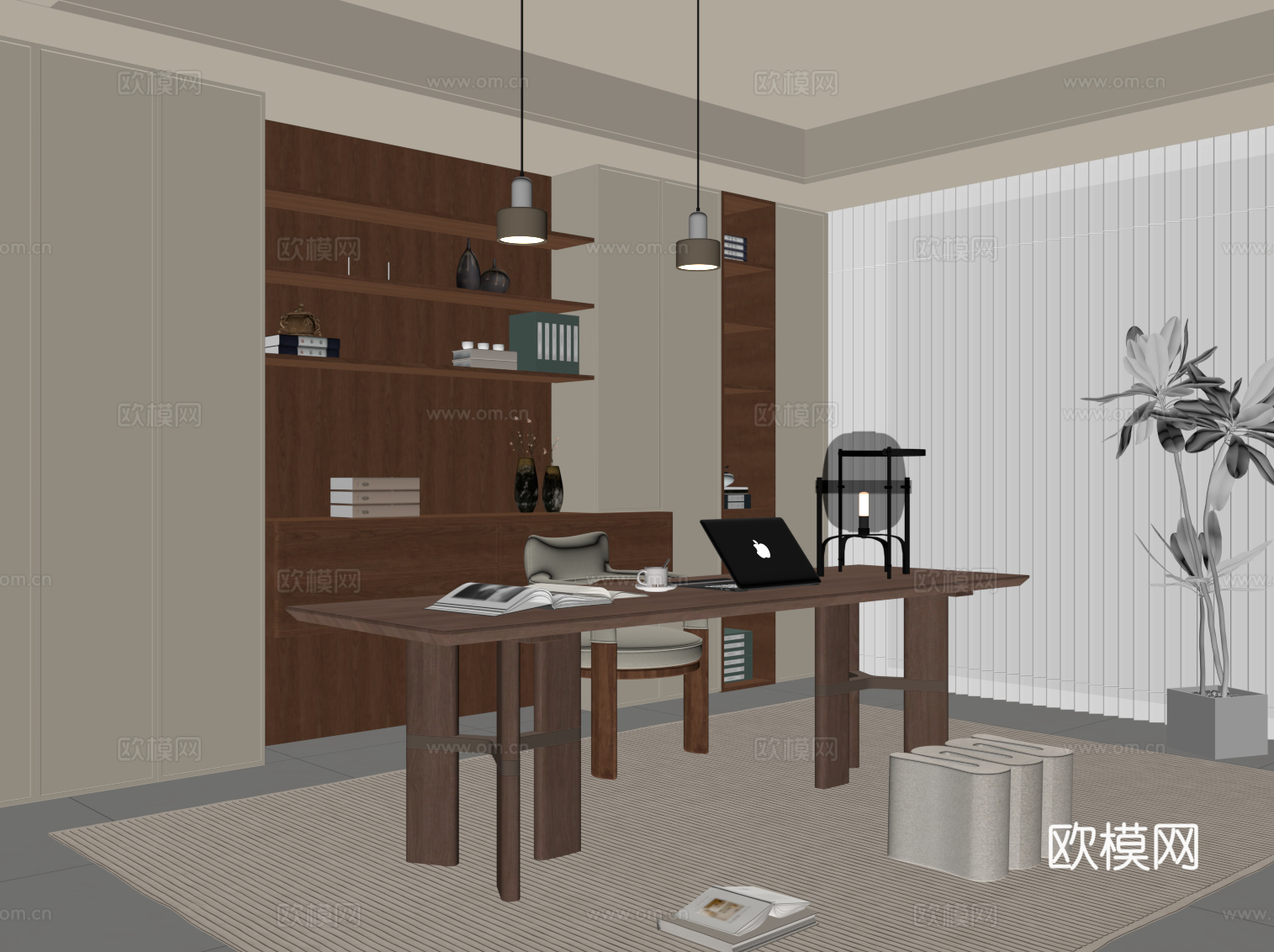 中古风书房 书桌椅 书柜su模型