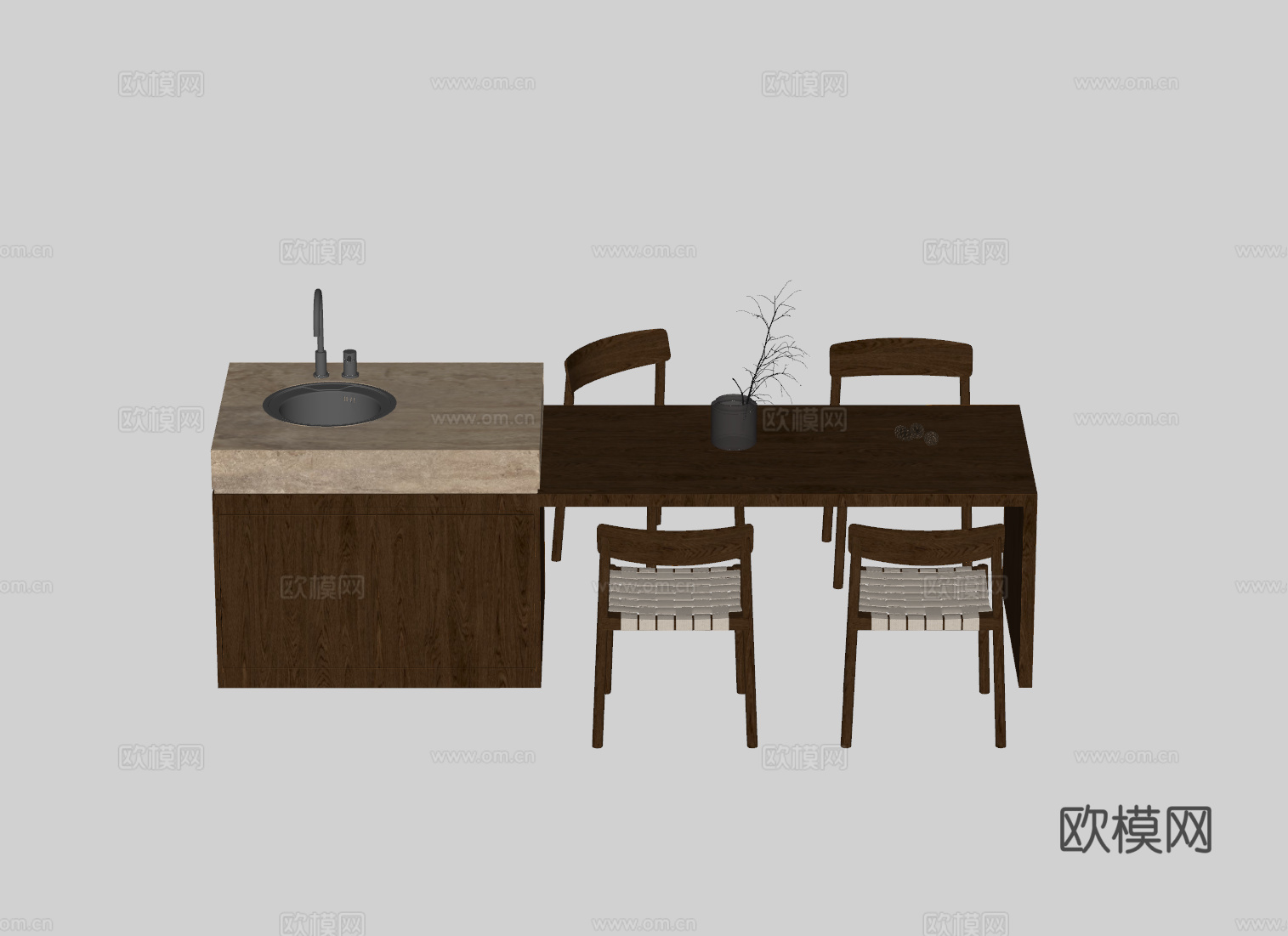 侘寂岛台餐桌su模型