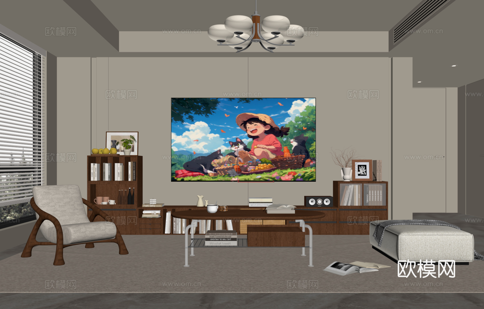 侘寂中古风客厅  电视柜 休闲椅su模型