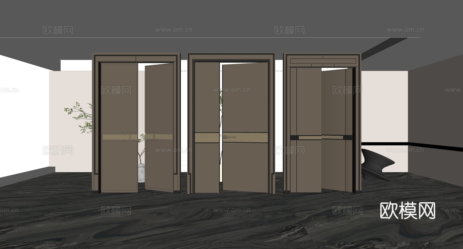 现代轻奢极窄边框室内门 米棕深棕色 带金色装饰条 极窄边框门su模型