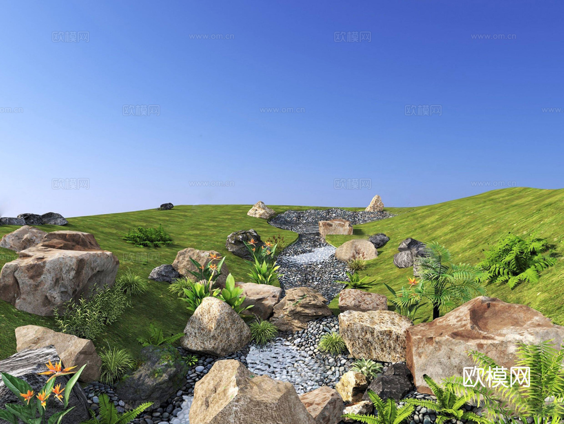 现代滨水景观 雨水花园 小溪 现代溪流 石头花草su模型