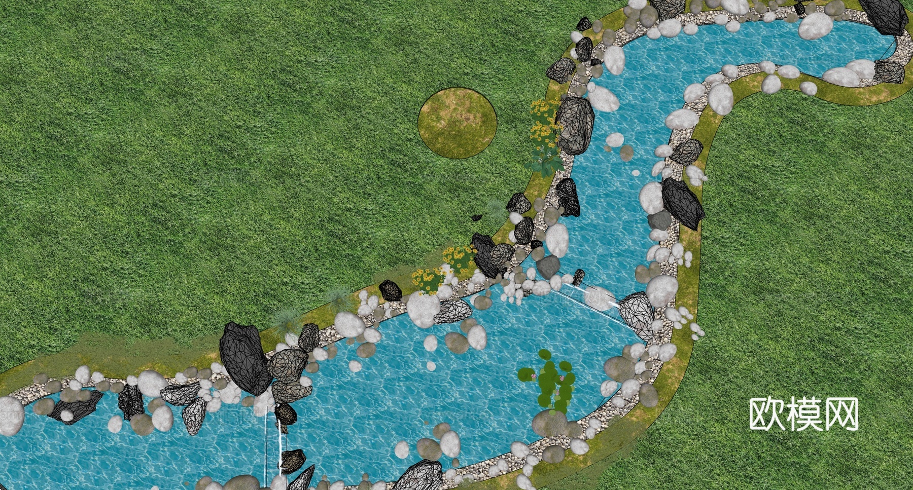 现代景观公园 现代水景 溪流su模型