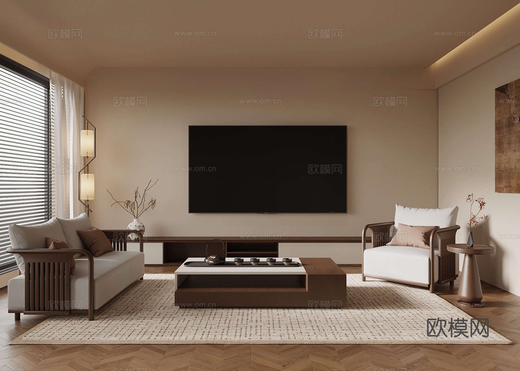 新中式客厅 双人沙发 休闲椅 茶几 电视柜su模型