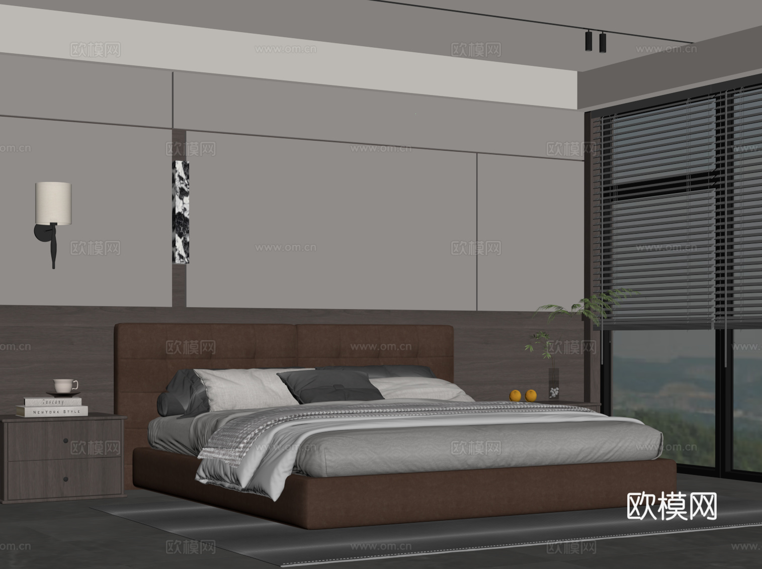 现代意式卧室 双人床 床头柜 背景墙su模型