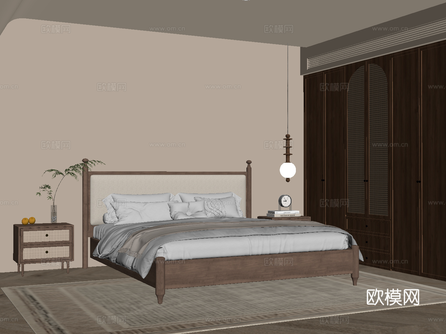 侘寂中古卧室 双人床su模型