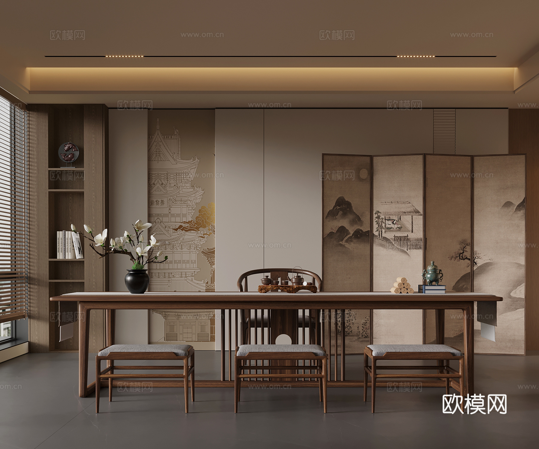 新中式茶室 茶桌椅su模型