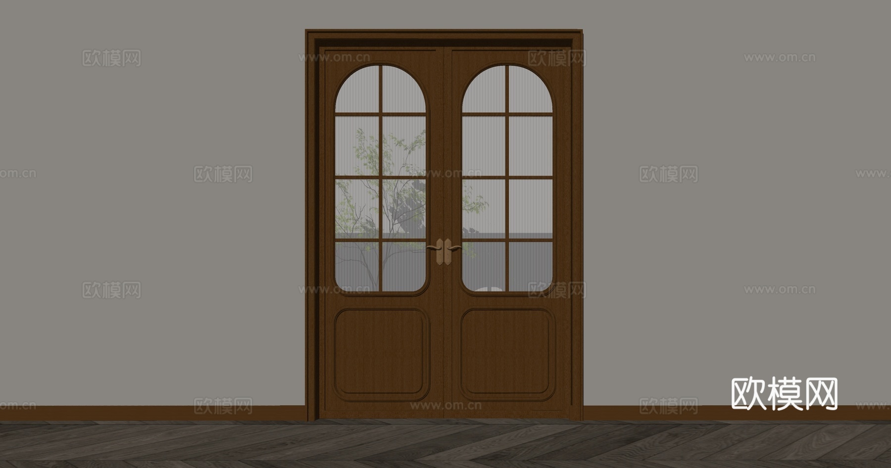 法式轻奢双开木门套装 浅棕深棕雕花 木门款式库 双开门套装su模型