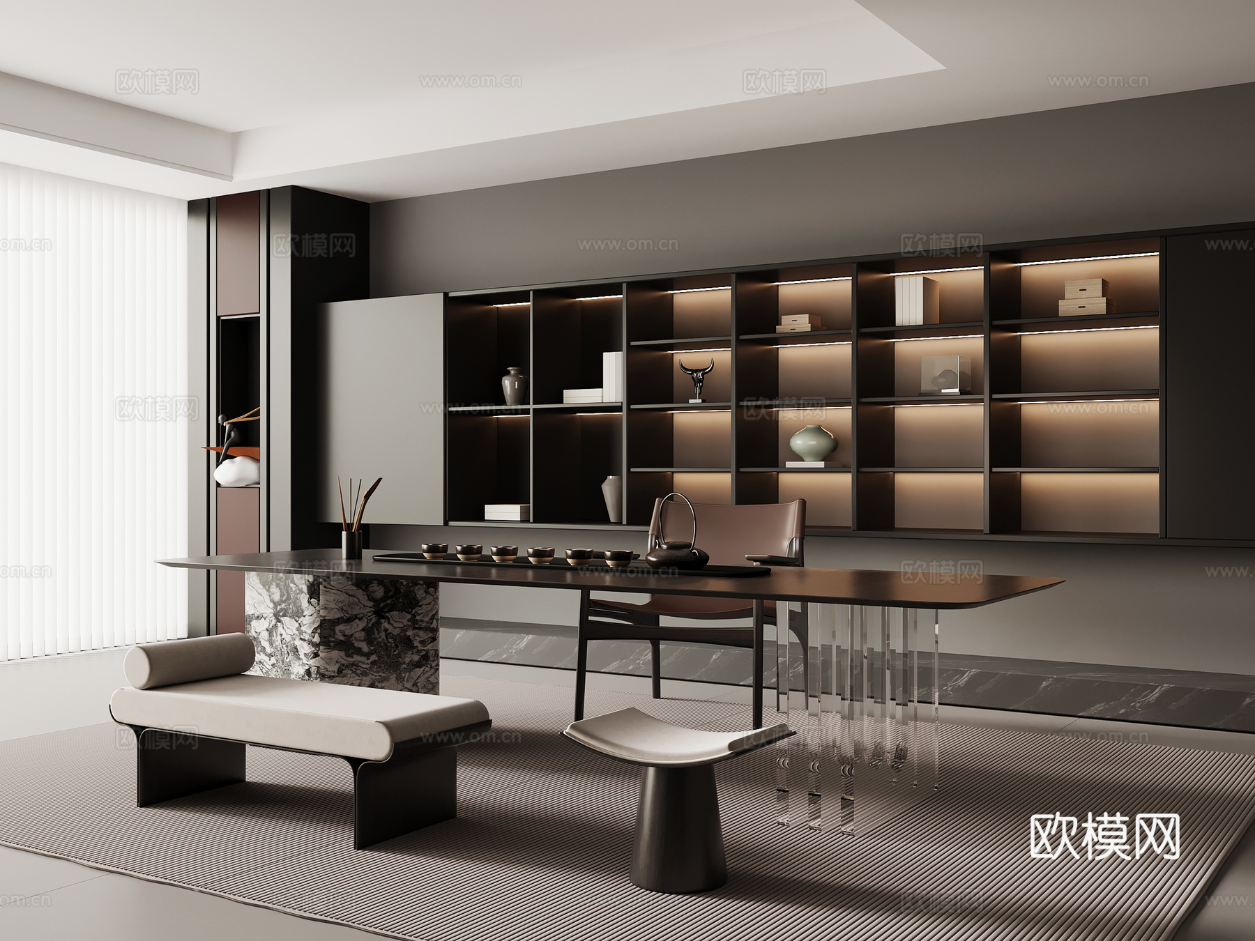 现代意式茶室 茶桌椅 茶柜su模型