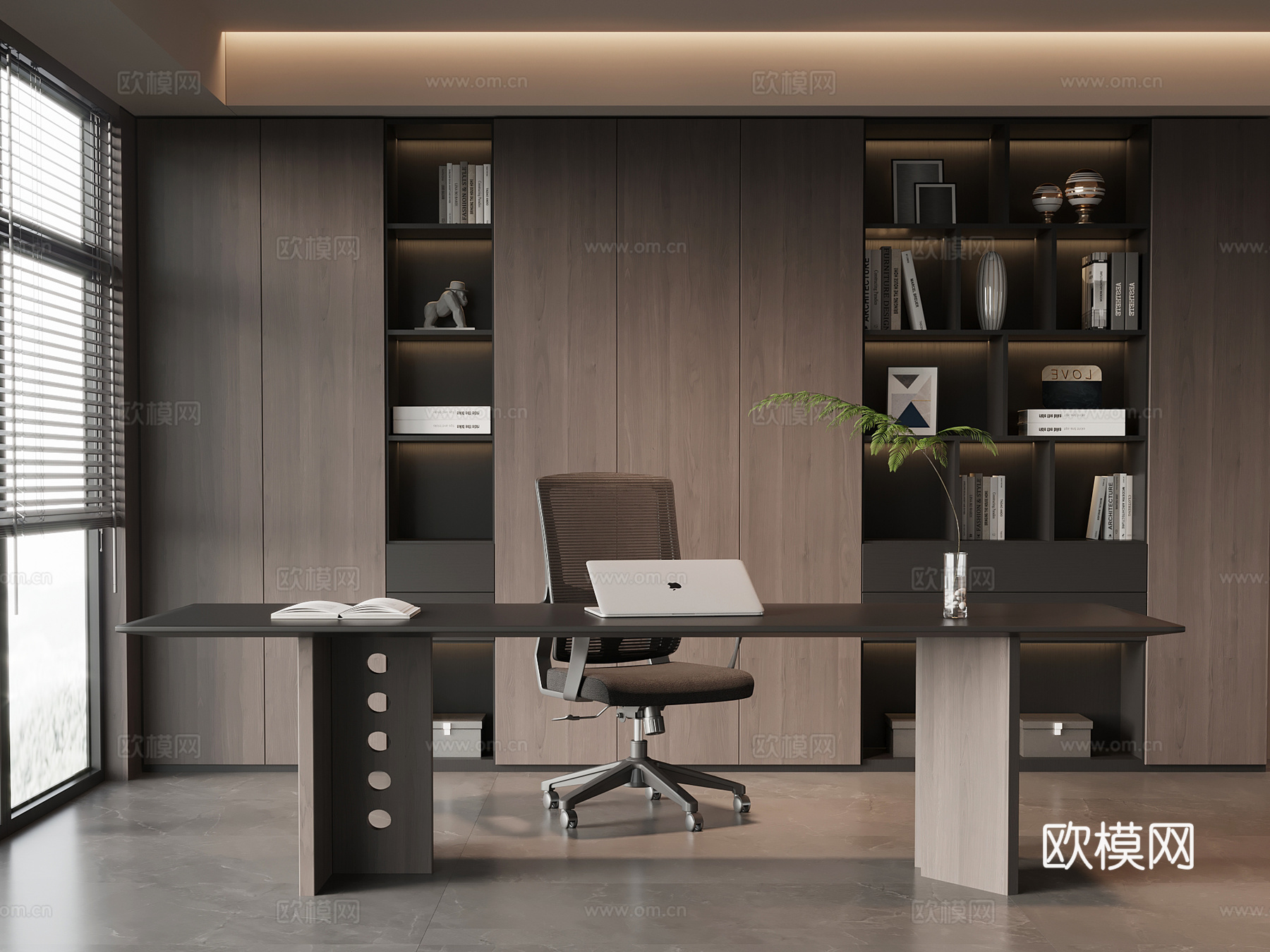现代意式书房 书桌椅 书柜su模型