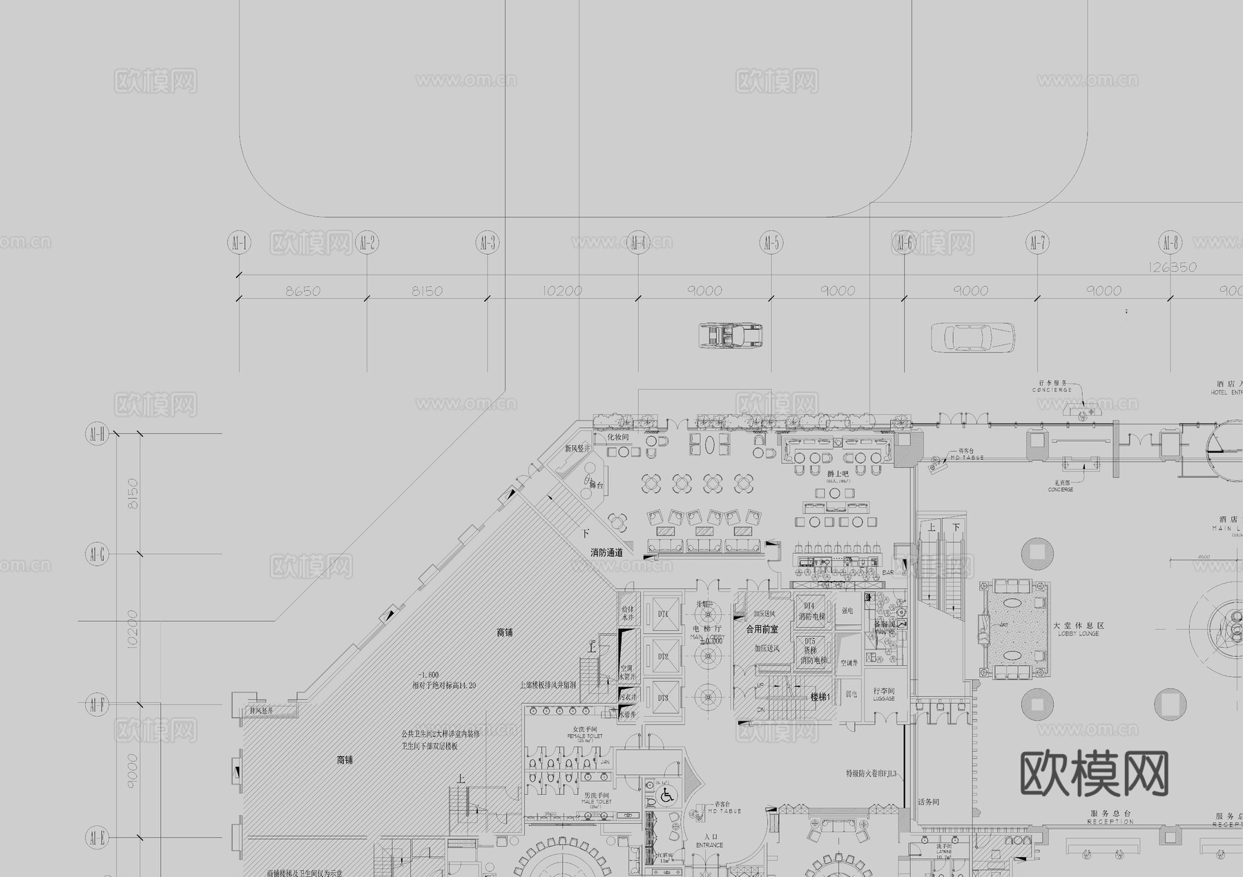 五星级广州希尔顿酒店平面cad施工图