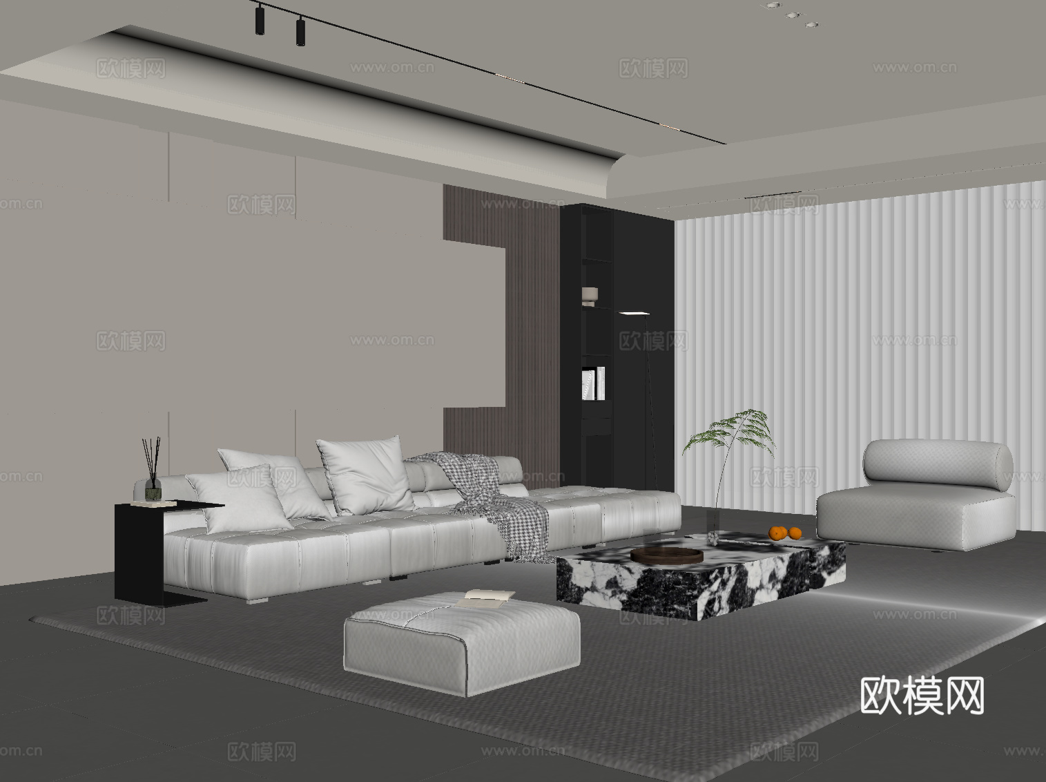 现代极简客厅 沙发茶几组合 背景墙su模型