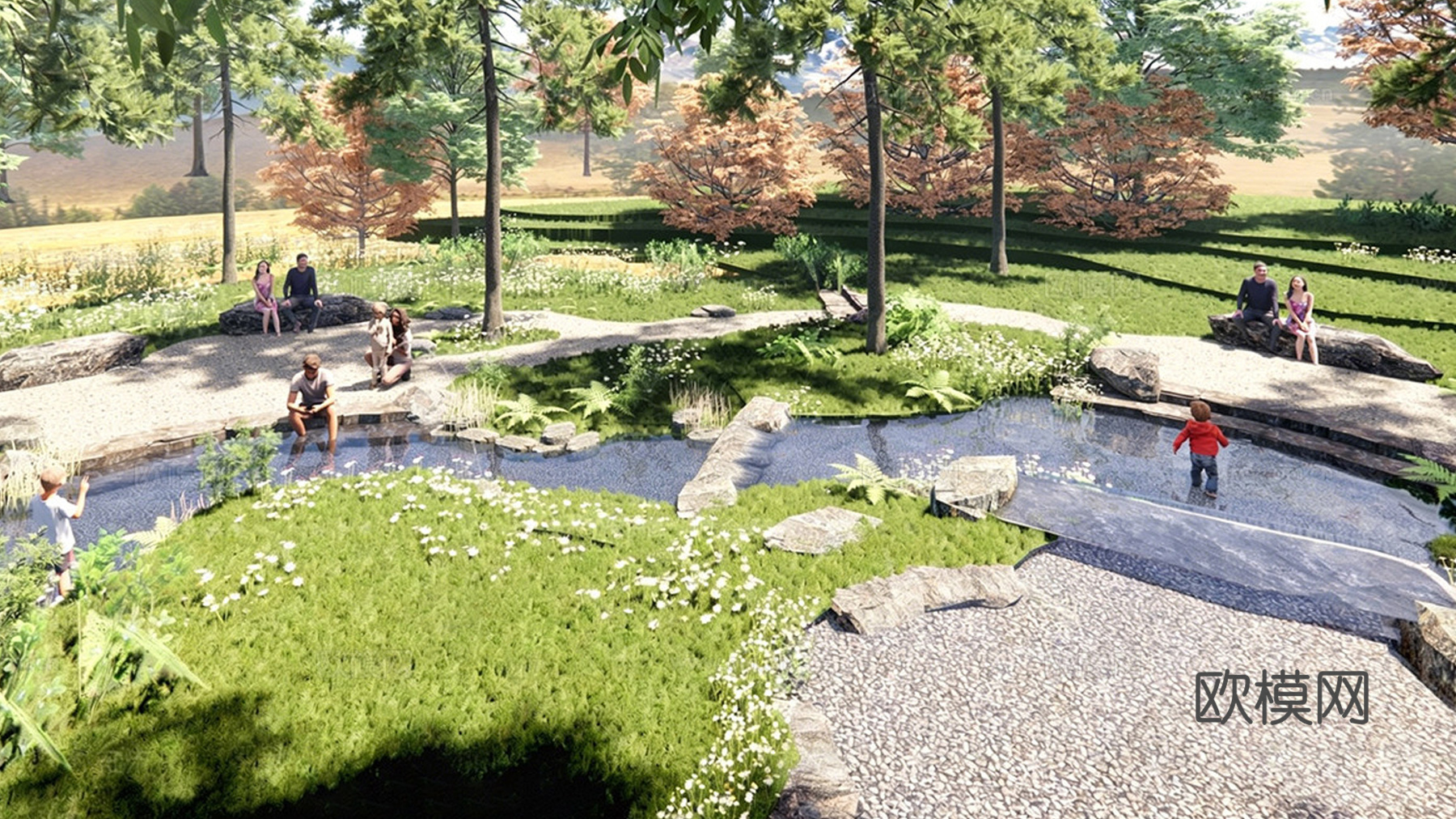 现代简约滨水景观 旱溪戏水  自然亲水儿童乐园su模型