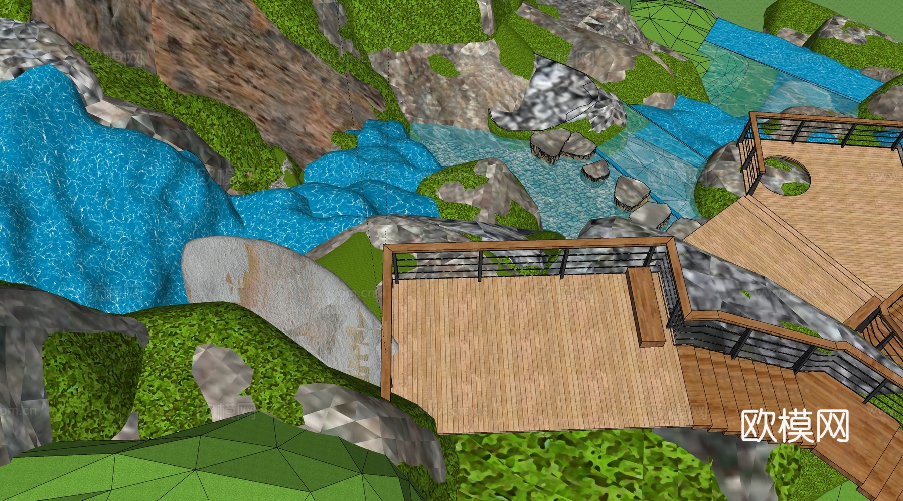 现代景观公园 栈道 瀑布 自然景观 跌水su模型