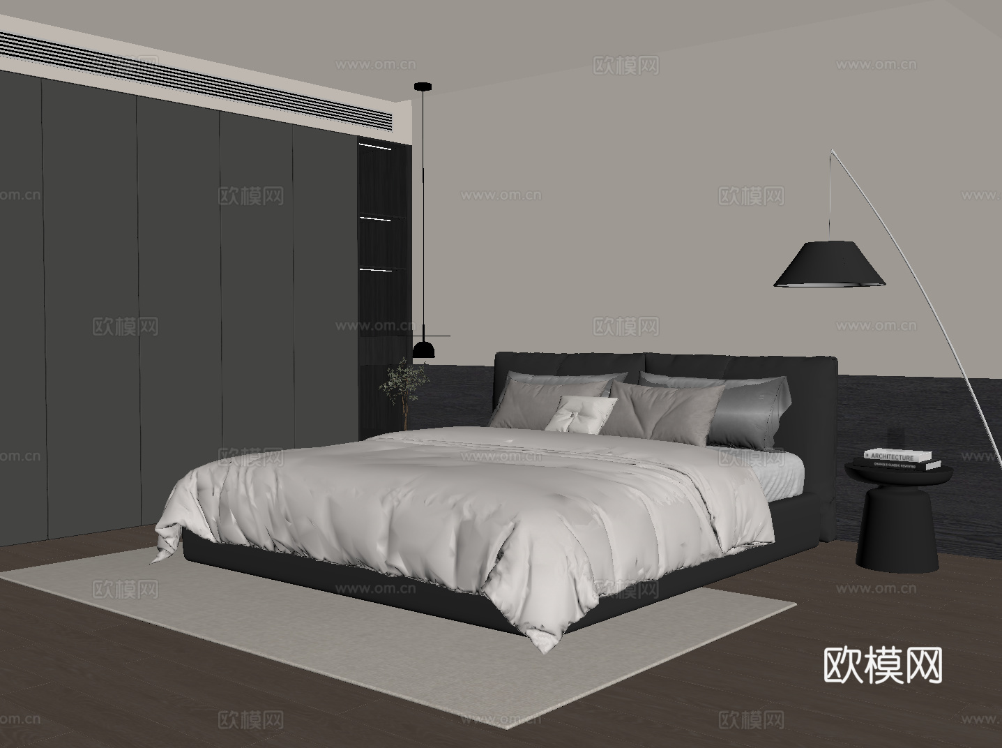 现代意式卧室 双人床su模型