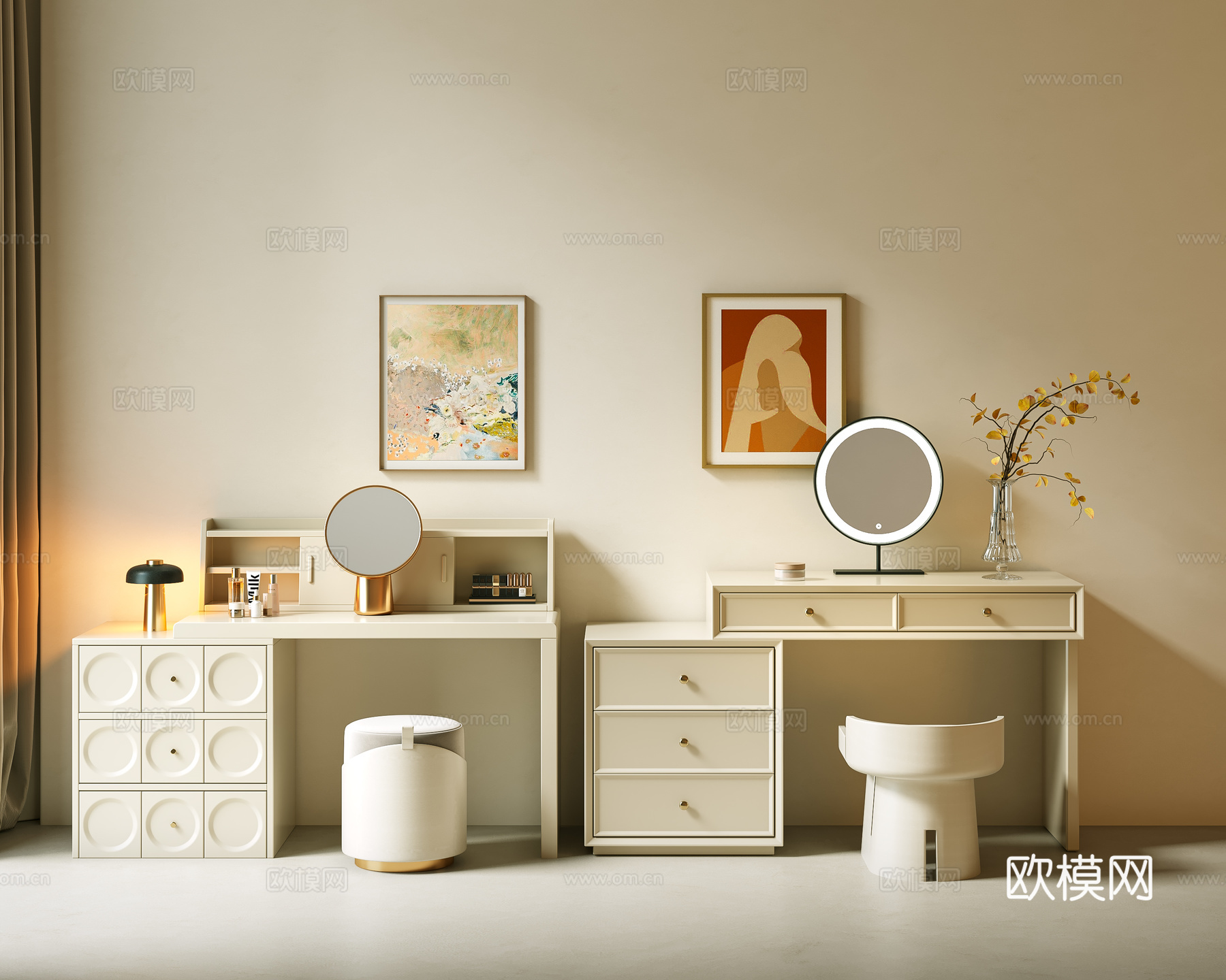 现代梳妆台 奶油风梳妆台 妆凳 化妆品组合 单椅 装饰画 化su模型