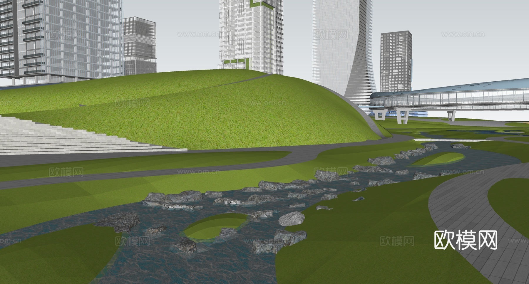 现代滨水景观 湿地公园 旱溪亲水溪流su模型