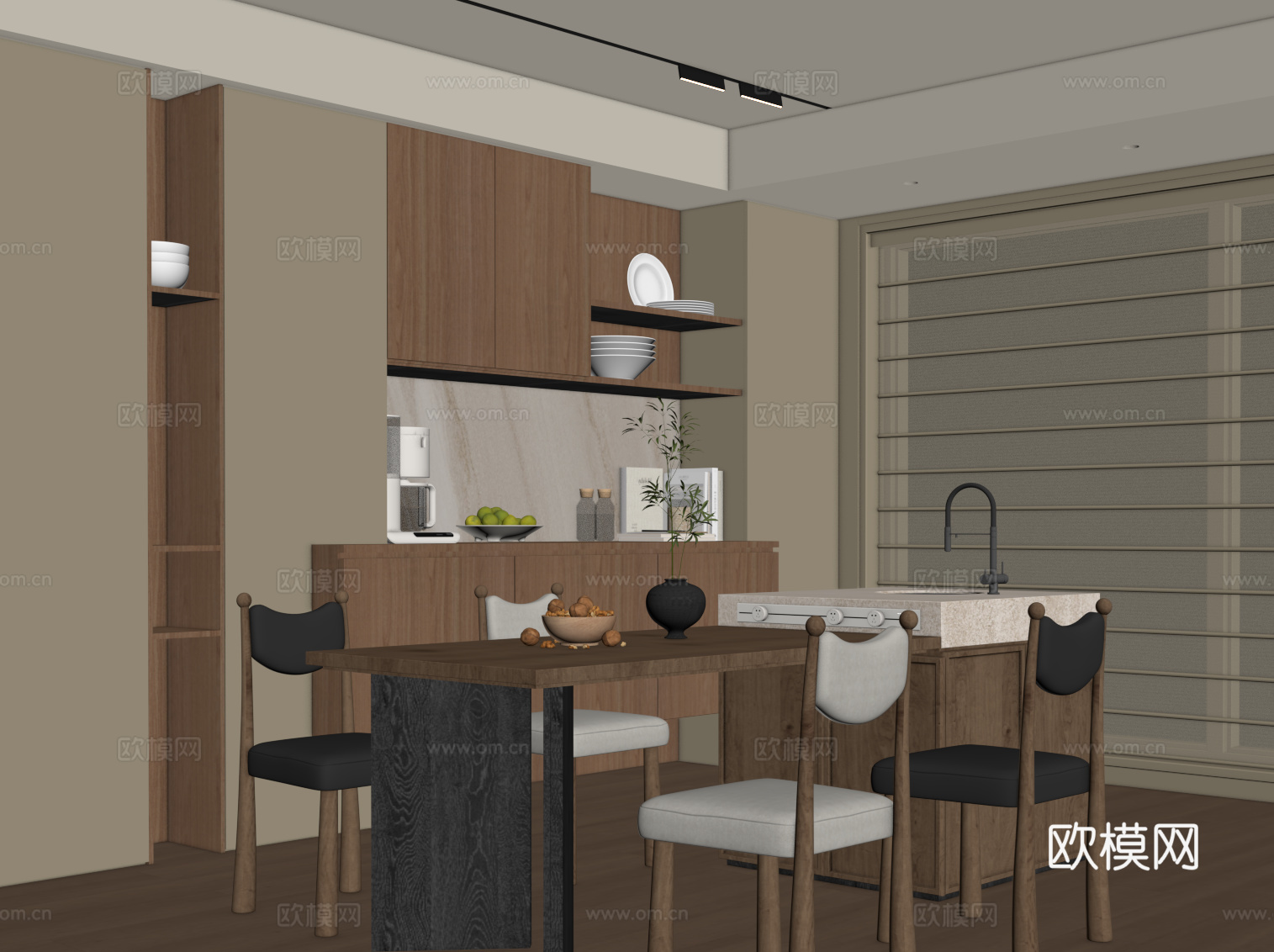 现代中古风餐厅 餐桌椅 岛台 餐边柜su模型