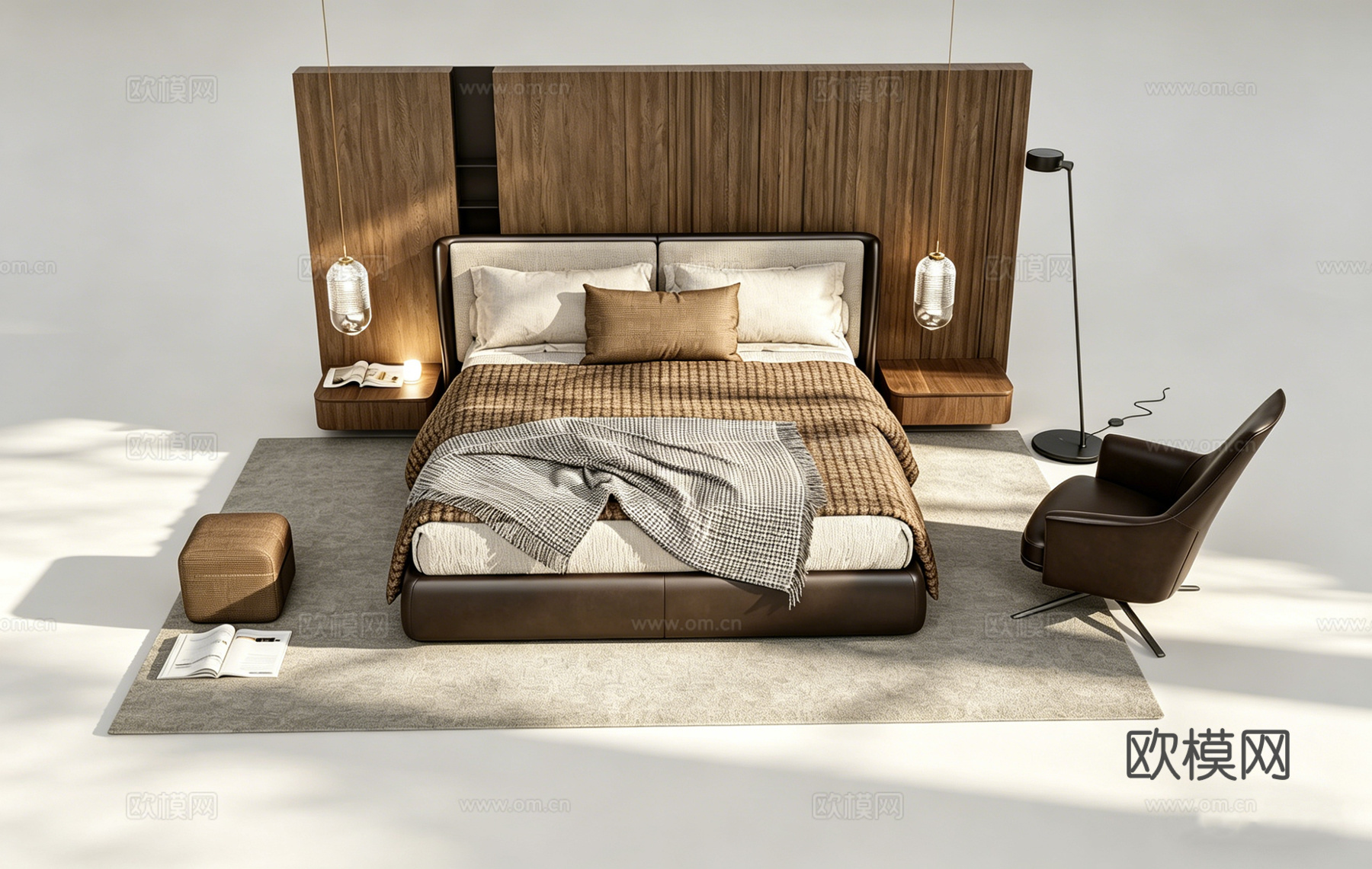 现代简约温馨主卧 棕色皮床 皮椅格子毯 球形吊灯 翻开的书su模型