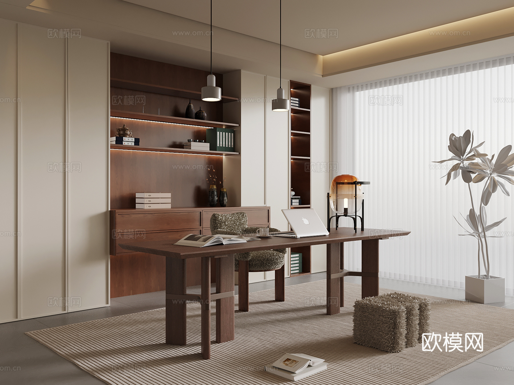 中古风书房 书桌椅 书柜su模型