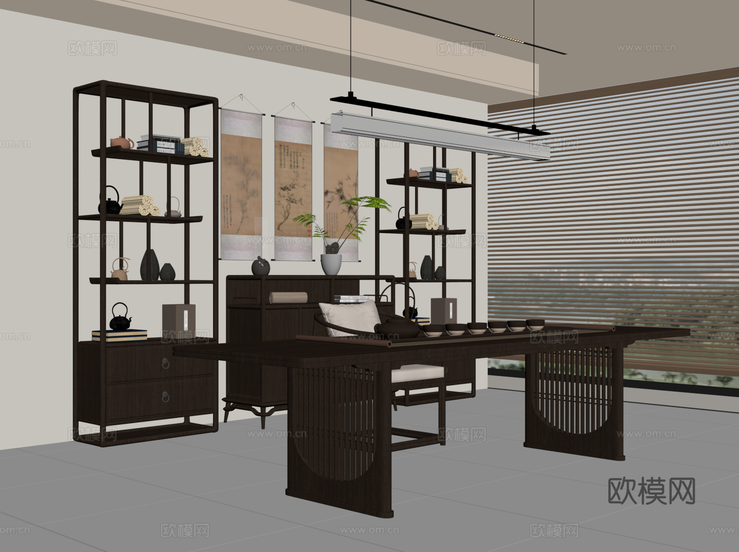 新中式茶室 茶桌椅su模型