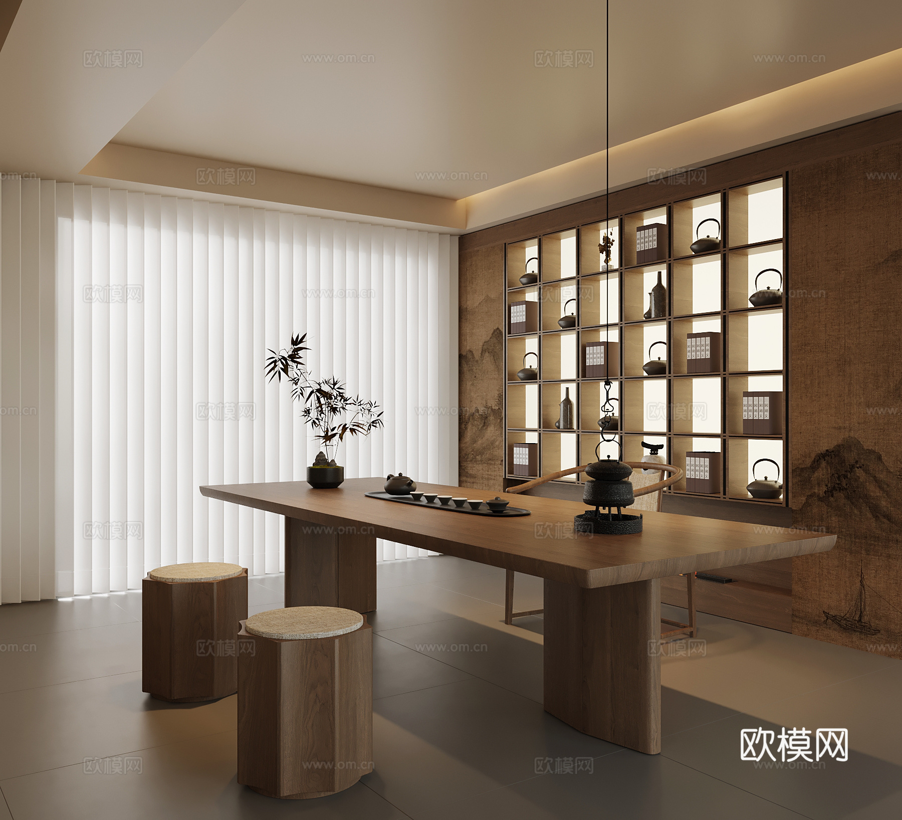新中式茶室 茶桌椅 背景墙茶柜su模型