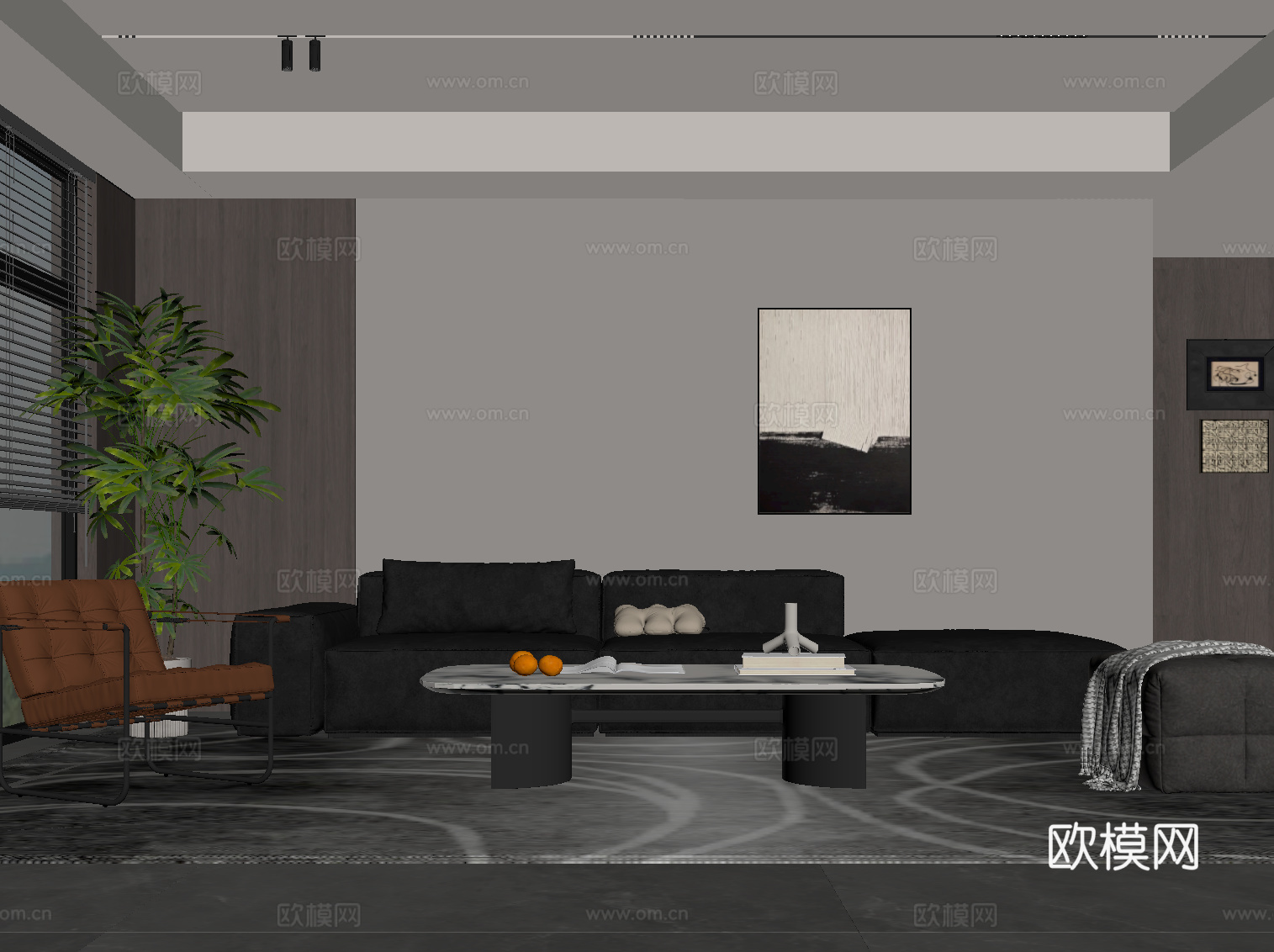 现代意式客厅 多人沙发 休闲椅 茶几su模型