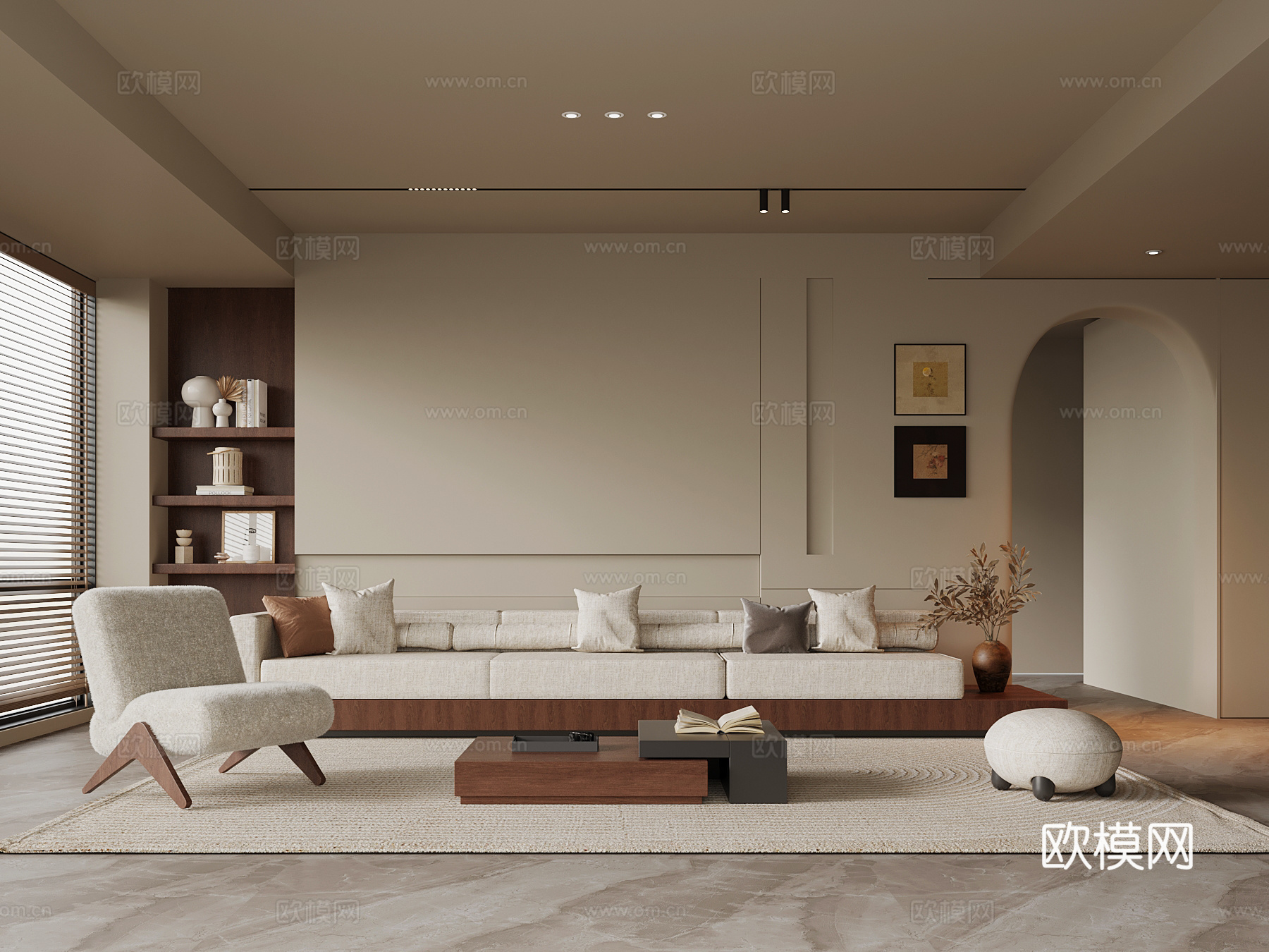 现代中古风客厅 背景墙 沙发茶几组合su模型