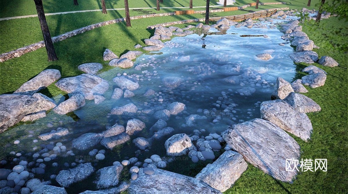 现代水景 自然溪流 小溪 自然驳岸 公园水景su模型