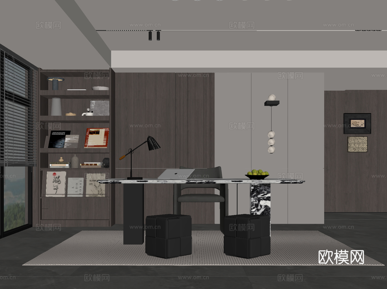 现代意式书房 书桌椅 背景墙 书柜su模型