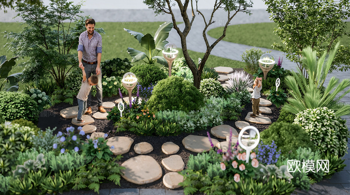 现代简约儿童游乐区 植物认知 儿童活动区 微地形景观su模型