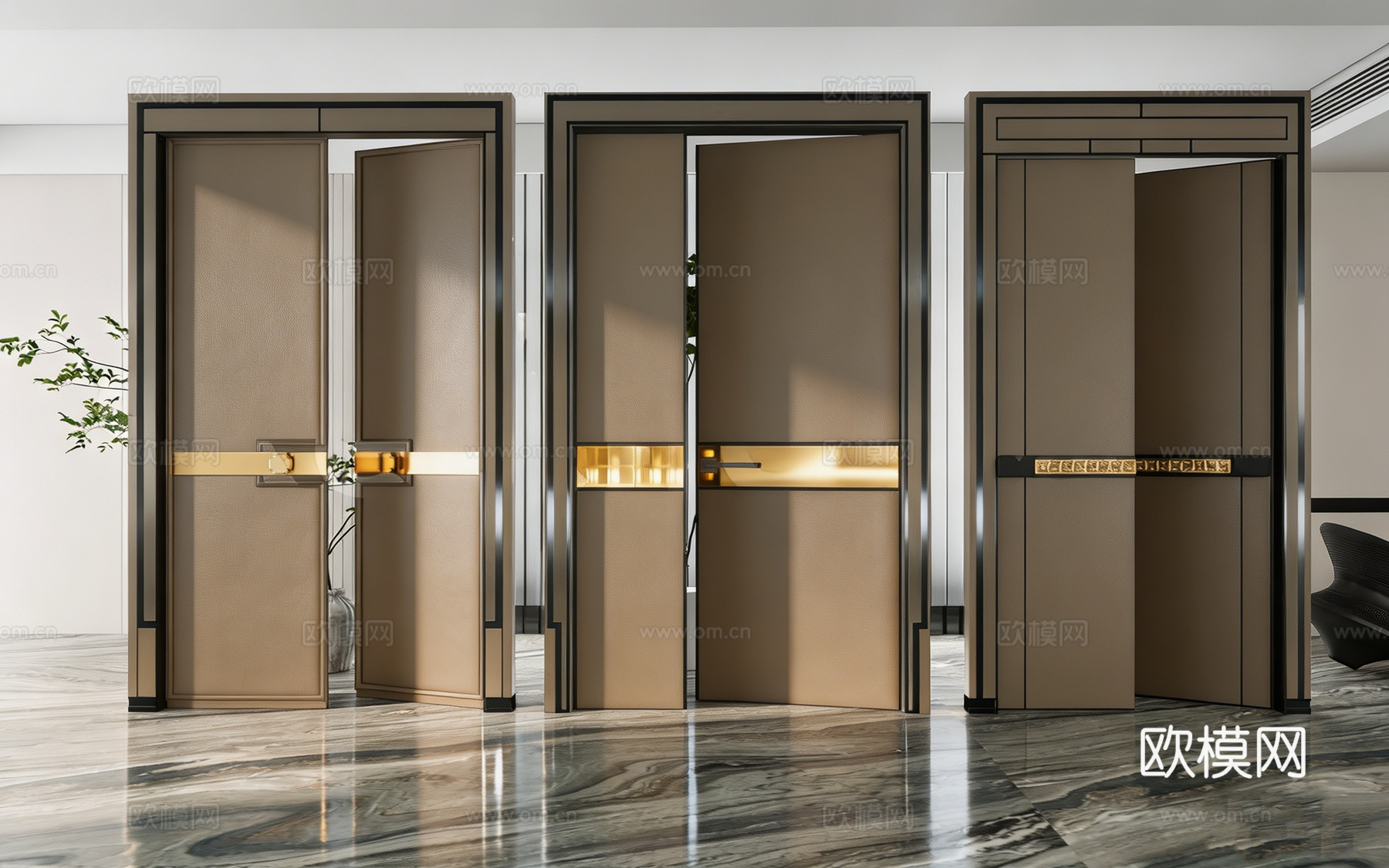 现代轻奢极窄边框室内门 米棕深棕色 带金色装饰条 极窄边框门su模型