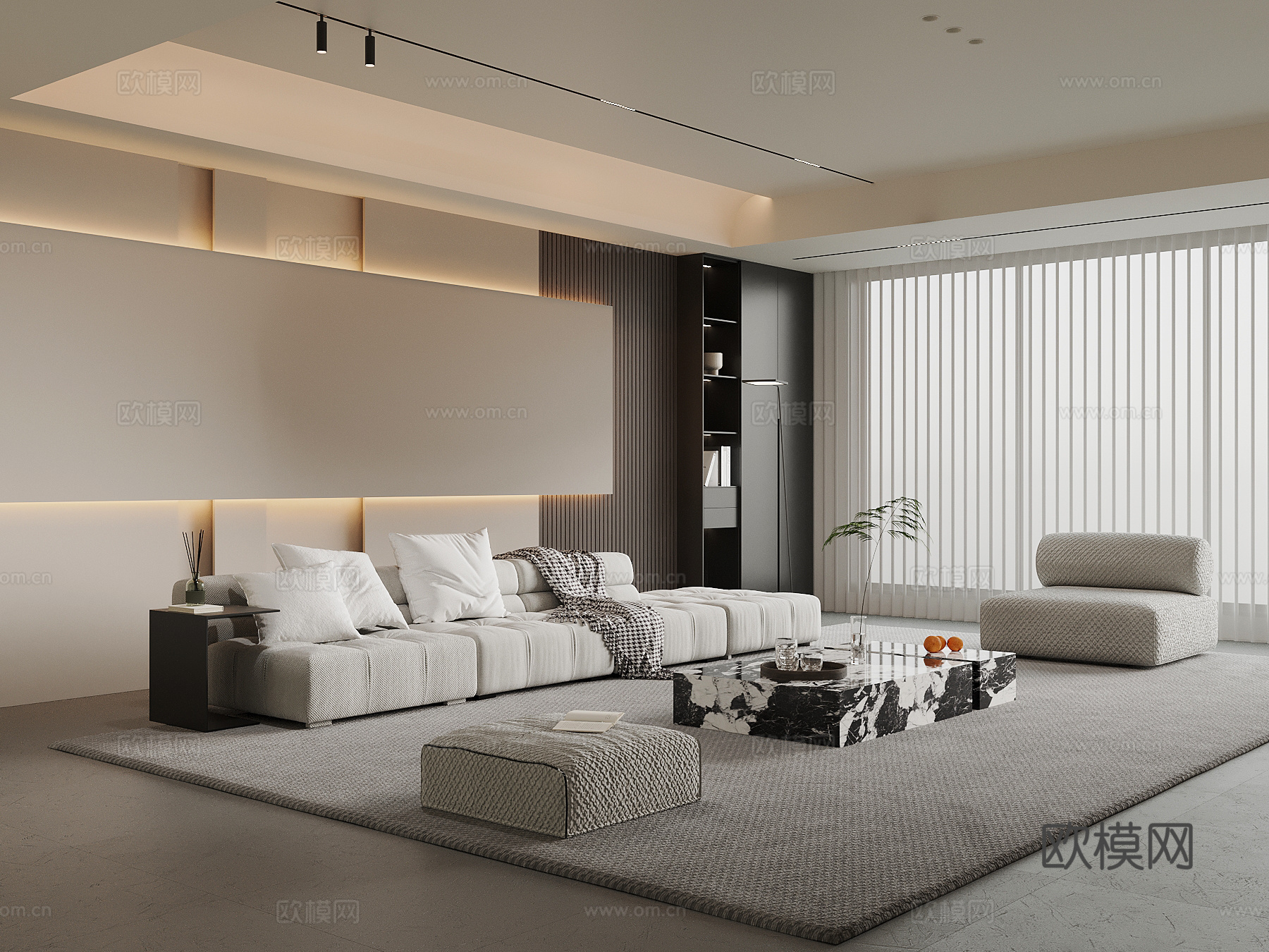 现代极简客厅 沙发茶几组合 背景墙su模型
