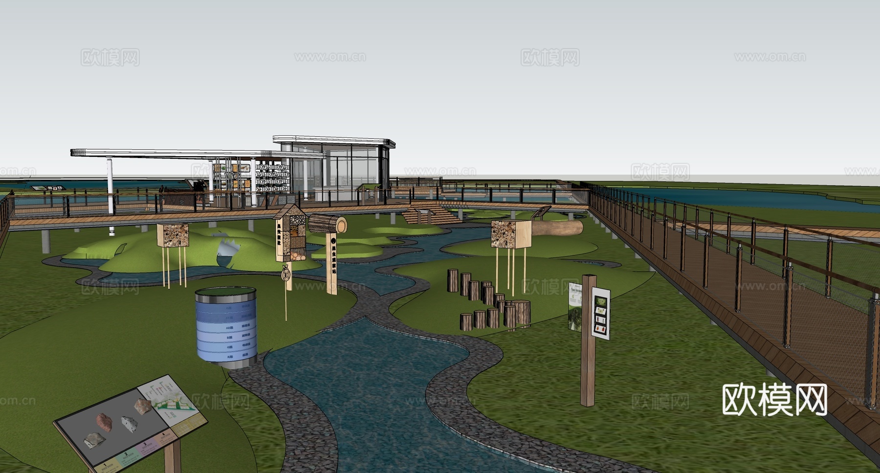 现代极简滨水景观 木平台 亲水平台 滨水景观su模型