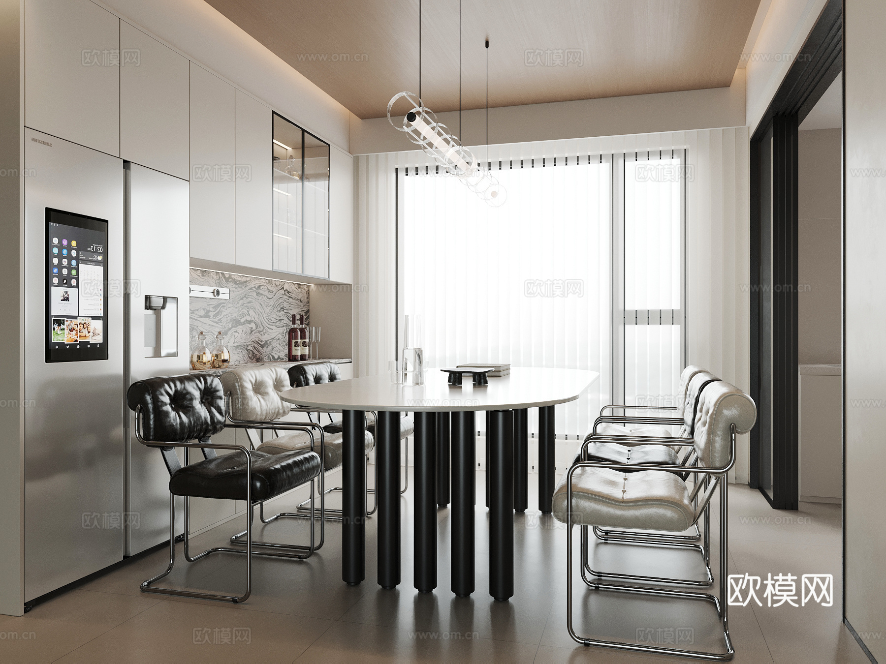 现代极简餐厅 餐桌椅 餐边柜 酒柜su模型