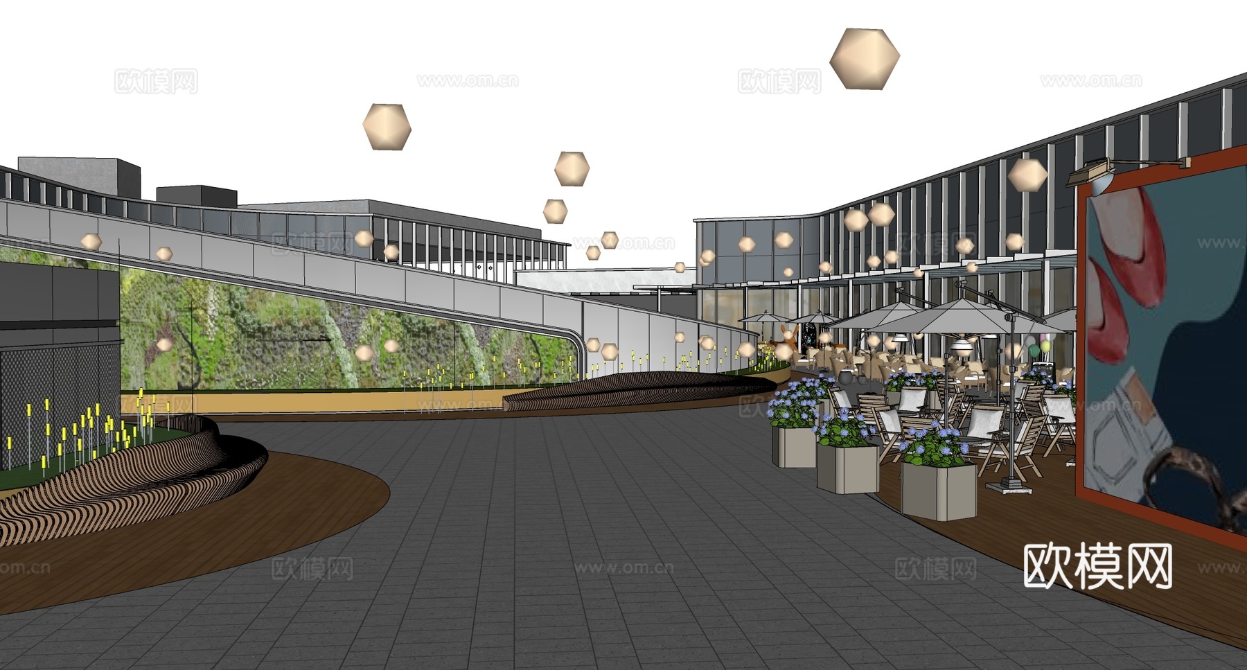 现代屋顶花园 现代异形座凳 屋顶花园空间 办公景观su模型