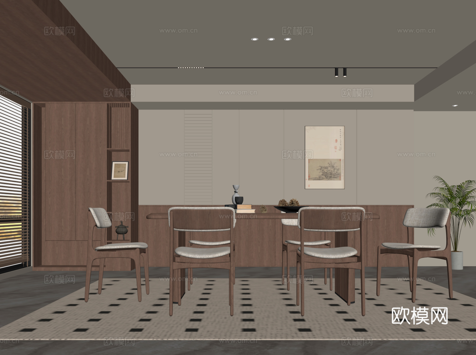 现代中古风餐厅 餐桌椅 背景墙su模型