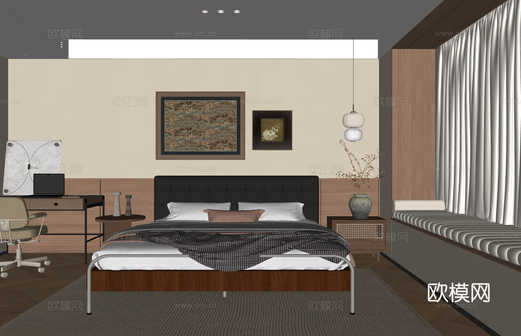 书房 客餐厅 茶室 卧室 书桌 床su模型